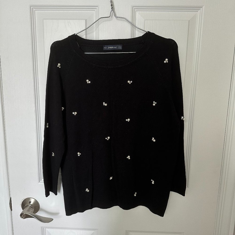 zara sweater with pearl and crystal